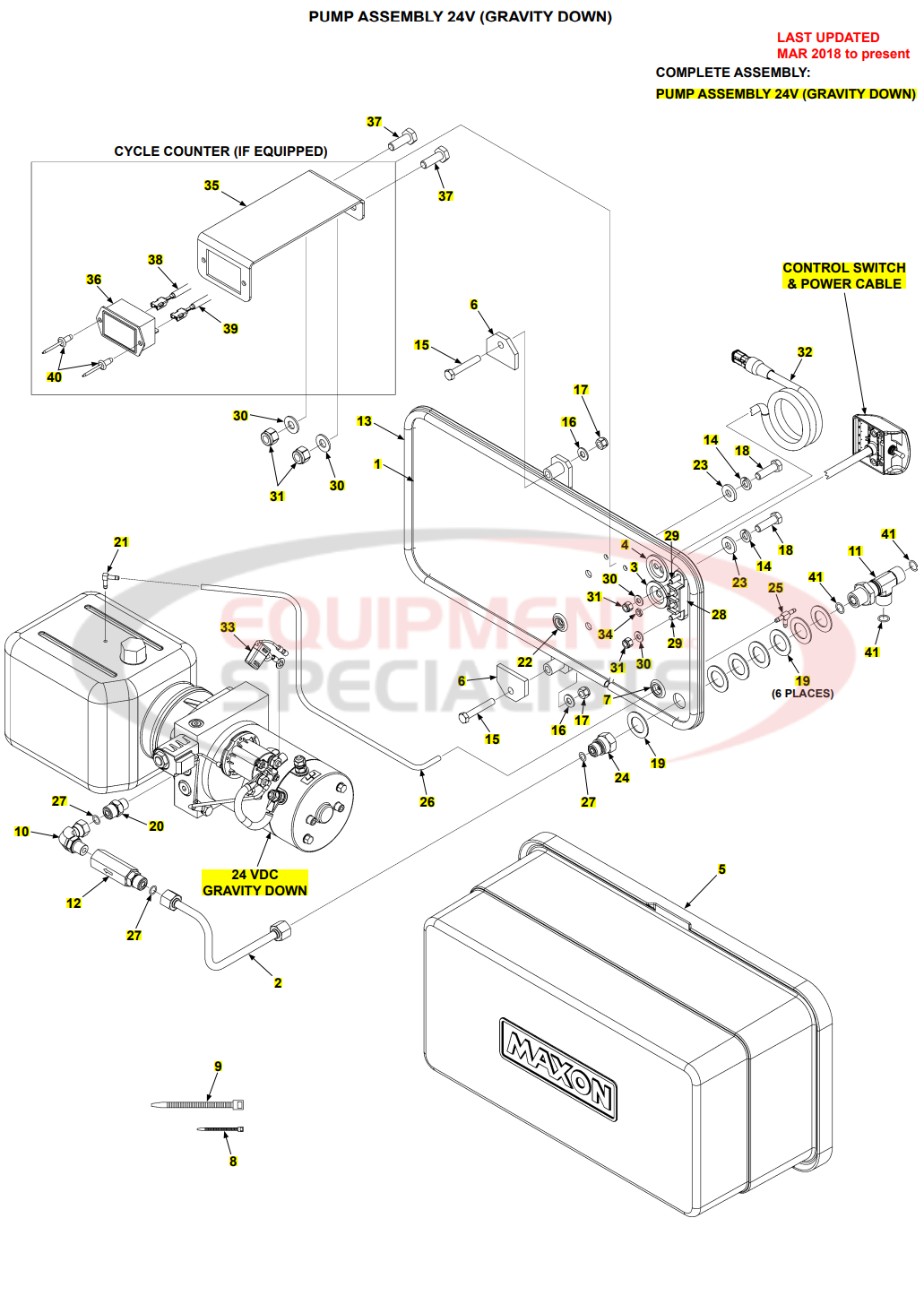 Maxon TE-33 Pump Assembly 24V Gravity Down Mar 2018 to Present Parts Diagram Breakdown Diagram