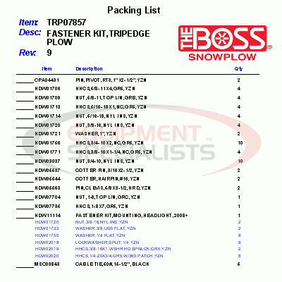 FASTENER KIT, TRIPEDGE PLOW