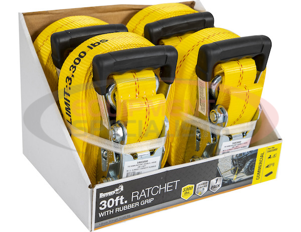30 Foot Commercial Grade Ratchet Strap with Soft Rubber Grips - Flat Hooks