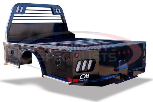 (CM Truck Beds) [SK-04948434SD-S] LENGTHS 11'4" HEADACHE RACK Steel Tube DECK 1/8" Treadplate FRAME RAILS 4" Structural Channel Steel CROSSMEMBERS 3" x 3/16" Channel REAR SKIRT Solid One Piece with Tapered Corners GN HITCH 30K B&amp;W Hitch 18,500 lb. B&amp;W Hitch with Receiver Tube FUEL FILL Angled 12V TRAILER PLUG 12V Round 7 Pin in GN Box, Round 7 Pin/4 Way Flat on Rear REAR LIGHTING Clear LED Oval LIGHT BOX (REAR SKIRT) Steel MARKER LIGHTING Bullet DOT Approved LED TOOLBOX (4) Standard Integrated TOOLBOX HANDLE T Handle Compression FENDERS Steel Radius SIDESTEPS In front of and behind fender