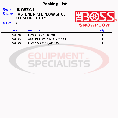 (Boss) [HDW09591] FASTENER KIT, PLOW SHOE KIT, SPORT DUTY